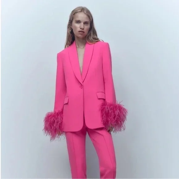 Zara Pink Feather Cuff Blazer - Picture 2 of 4
